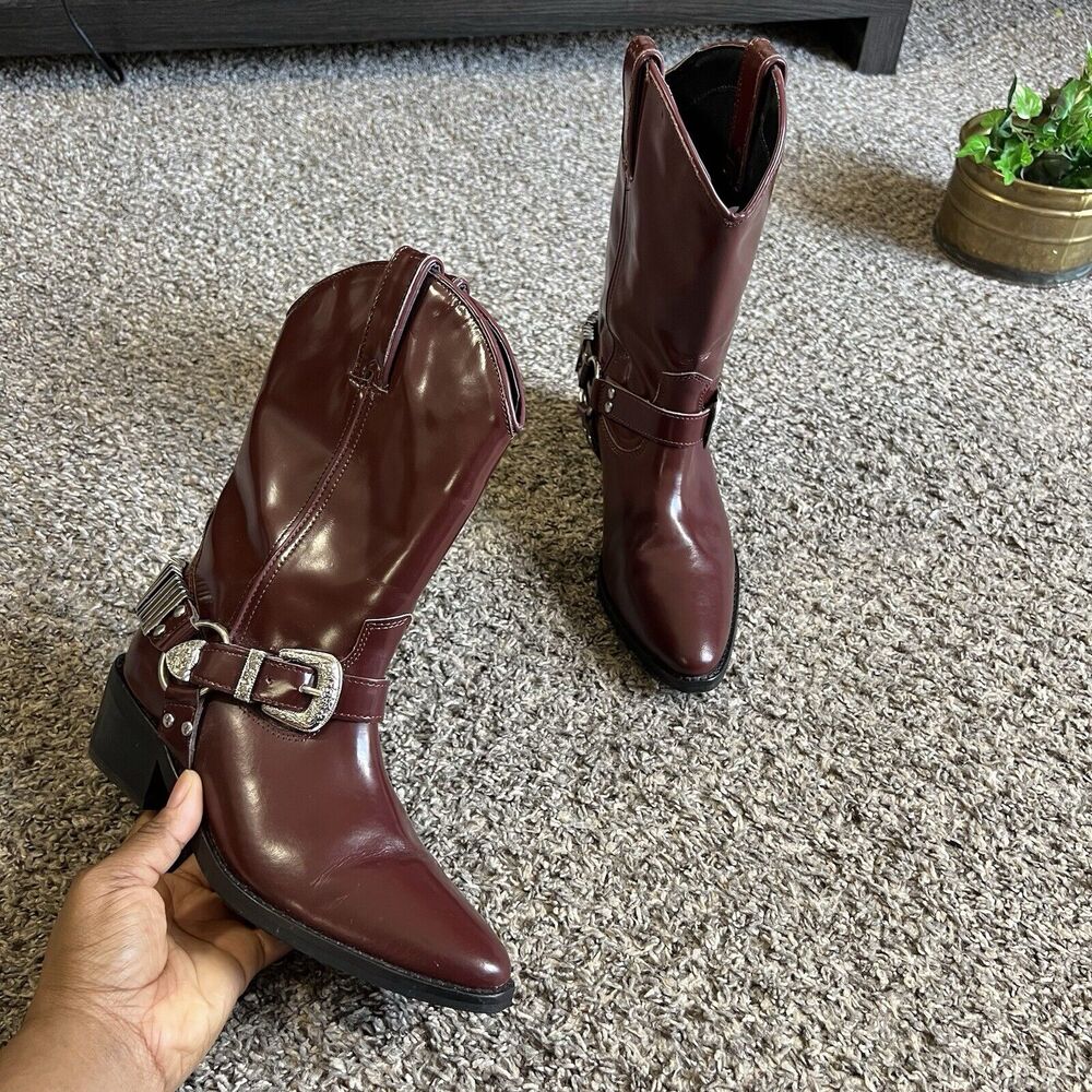 Heiress Western Harness Boots Women Size 38 US 8 Red Burgundy Pointed Toe Studs